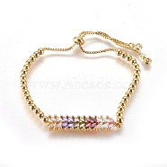 Adjustable Brass Cubic Zirconia Slider Bracelets, Bolo Bracelets, with Box Chains and Round Beads, Wheat, Golden, Colorful, 10-1/4 inch(26cm)(BJEW-L652-07G)