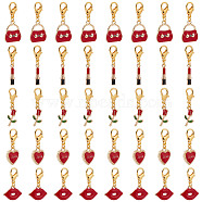 Valentine's Day Theme Alloy Enamel Pendant Decoration, Clip-on Charms, with Zinc Alloy Lobster Claw Clasps, Rose/Lipstick/Heart/Bag/Lip, Mixed Color, 28~35mm, 50pcs/box(HJEW-SC0001-25)