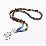 Tibetan Style Alloy Pendant Necklaces, with Natural Tiger Eye Beads and Toggle Clasps, Teardrop with Tree
, 21.2 inch(54cm)(NJEW-F170-A02)