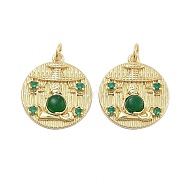 Rack Plating Brass Green Cubic Zirconia Pendants, Natural Agate(Dyed & Heated) Flat Round Charms with Jump Rings, Long-Lasting Plated, Cadmium Free & Lead Free, Real 18K Gold Plated, 22x19.5x3.5mm, Hole: 3mm(KK-Q006-34G)