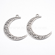 Tibetan Style Alloy Pendants, Crescent Moon, Cadmium Free & Lead Free, Antique Silver, 40x29x1mm, Hole: 2.5mm(X-TIBE-S299-029AS-RS)