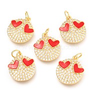 Brass Micro Pave Clear Cubic Zirconia Pendants, Long-Lasting Plated, with Jump Rings & Enamel, Real 18K Gold Plated, Flat Round with Heart Eyes, Red, 16.5x14x2.5mm, Hole: 3mm(ZIRC-B0004-16G)