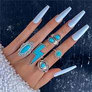 5Pcs 5 Style Synthetic Turquoise Finger Ring Sets for Women, Alloy Stackable Rings, Bolt Lightning & Oval, Inner Diameter: 15~18mm, 1Pc/style(PW-WG14783-04)