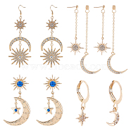 4 Pairs 4 Style Crescent Moon & Star Rhinestone Front Back Stud & Dangle & Leverback Earrings, Alloy Long Drop Earrings for Women, Golden, 23~101mm, Pin: 0.6mm, 1 Pair/style(EJEW-AN0001-62)