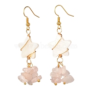 Star with Cluster Chip Beads Long Dangle Earrings, Wire Wrap Natural Shell & Rose Quartz Beads Earrings for Girl Women, Golden, 58~61mm, Pin: 0.6mm(EJEW-JE04686-02)
