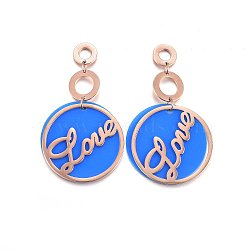 304 Stainless Steel Stud Earrings, Dangle Earrings, with Acrylic, Flat Round with Word Love, Rose Gold, Blue, 54x30x4.5mm, Pin: 0.8mm(EJEW-E232-37D-RG)