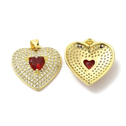 Brass Micro Pave Clear Cubic Zirconia Pendants, with Glass, Heart Charms, Golden, Red, 22x22x6mm, Hole: 5x3.5mm(KK-A180-01G-02)