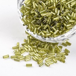 Silver Lined Round Hole Glass Bugle Beads, Dark Khaki, 3~5x1.8~2mm, Hole: 0.8mm, about 12000pcs/450g(SEED-I001-24)