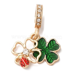 Rack Plating Alloy Crystal Rhinestone European Dangle Charms, Large Hole Clover & Ladybug Pendants with Green & Red Enamel, Cadmium Free & Nickel Free & Lead Free, Golden, 27mm, Hole: 5mm(PALLOY-S189-26G)