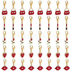 Valentine's Day Theme Alloy Enamel Pendant Decoration, Clip-on Charms, with Zinc Alloy Lobster Claw Clasps, Rose/Lipstick/Heart/Bag/Lip, Mixed Color, 28~35mm, 50pcs/box(HJEW-SC0001-25)