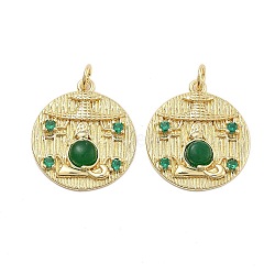 Rack Plating Brass Green Cubic Zirconia Pendants, Natural Agate(Dyed & Heated) Flat Round Charms with Jump Rings, Long-Lasting Plated, Cadmium Free & Lead Free, Real 18K Gold Plated, 22x19.5x3.5mm, Hole: 3mm(KK-Q006-34G)