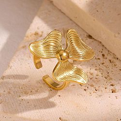 304 Stainless Steel Open Cuff Rings for Women, Flower, Real 18K Gold Plated, Inner Diameter: 17.4mm(WGC482B-01)