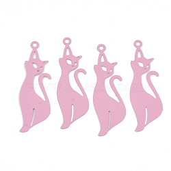 430 Stainless Steel Kitten Pendants, Spray Painted, Etched Metal Embellishments, Cat Silhouette Shape, Flamingo, 39x12x0.4mm, Hole: 1.6mm(STAS-S108-17E)