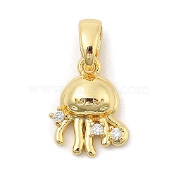 Rack Plating Leaf Brass Clear Cubic Zirconia Pendants, Real 18K Gold Plated, Sea Animals Charms, Jellyfish, 13x10x4mm, Hole: 5mm(KK-S407-13G-E)