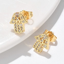 Hamsa Hand Brass Micro Pave Clear Cubic Zirconia Stud Earrings, Long-Lasting Plated, Golden, 11.5x10.5mm(EJEW-D305-03G)