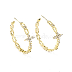 Clear Cubic Zirconia Cross Stud Earrings, Rack Plating Brass Half Hoop Earrings for Women, Cadmium Free & Lead Free, Real 18K Gold Plated, 37x37.5x4~12mm, Pin: 0.8mm(EJEW-I277-11G)
