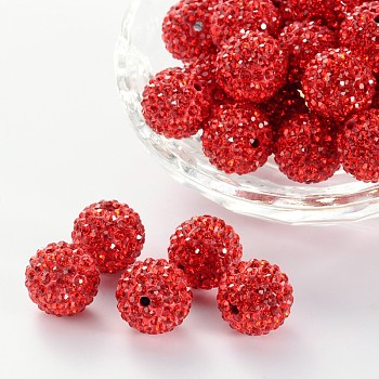 Pave Disco Ball Beads, Polymer Clay Rhinestone Beads, Grade A, Light Siam, PP15(2.1~2.2mm), 14mm, Hole: 1mm