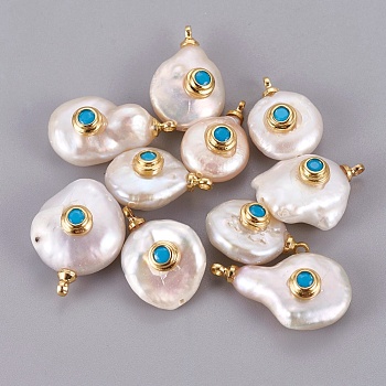 Natural Cultured Freshwater Pearl Pendants, with Brass Micro Pave Cubic Zirconia Cabochons, Long-Lasting Plated, Real 18K Gold Plated, Deep Sky Blue, 16~22.5x10~14mm, Hole: 1.4mm
