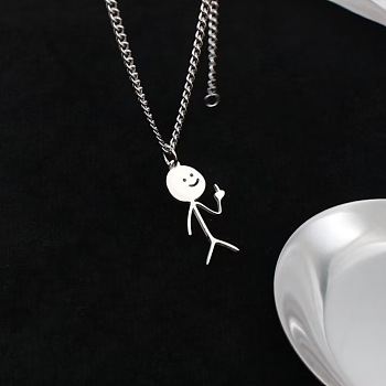 Funny Middle Finger Stickman Stainless Steel Pendant Necklaces, Stainless Steel Color, 17.72 inch(45cm)