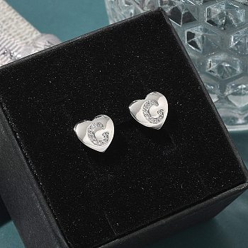 Rack Plating Brass Micro Pave Clear Cubic Zirconia Stud Earrings, Heart, Letter C, 8.5x9.5mm