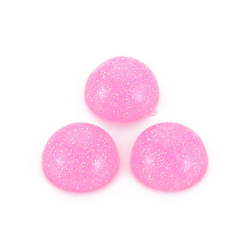 Transparent Acrylic Cabochons, with Glitter Powder, Half Round, Pearl Pink, 14x7mm