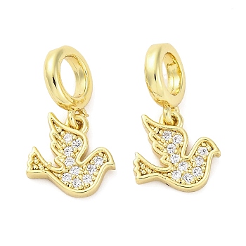 Brass Micro Pave Cubic Zirconia European Dangle Charms, Bird, Large Hole Pendants, Real 16K Gold Plated, 17.5mm, Hole: 4.2mm