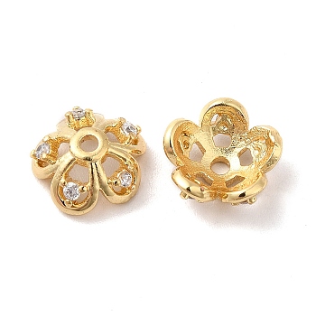 Brass Micro Pave Cubic Zirconia Bead Cap, 5-Petal Flower, Real 18K Gold Plated, 9.5x4mm, Hole: 1.5mm