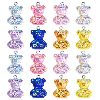 40Pcs 8 Colors Electroplated Resin Pendants, Bear Charms, with Platinum Plated Iron Loops, Mixed Color, 25~26x18x8~9mm, Hole: 2mm, 5pcs/color