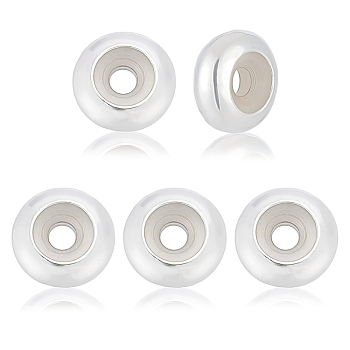 5Pcs 925 Sterling Silver Beads, Rondelle with Silicone Inside, with 1Pc Suede Fabric Square Silver Polishing Cloth, Silver, Bead: 8x3.5mm, Hole: 2.2mm