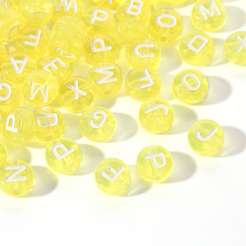 Transparent Yellow Acrylic Beads, Horizontal Hole, Mixed Letters, Flat Round with White Letter, 7x4mm, Hole: 1.5mm, 100pcs/Bag