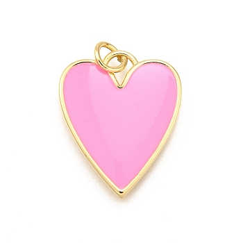 Brass Enamel Pendants, with Jump Ring, Rack Plating, Long-Lasting Plated, Lead Free & Cadmium Free, Real 18K Gold Plated, Heart Charm, Pearl Pink, 21x17x2mm, Hole: 3.2mm