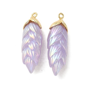 Rainbow Iridescent Plating Resin Pendants, Glitter Leaf Charms with Golden Plated Alloy Findings, Plum, 35x11x8mm, Hole: 1.6mm