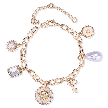 Imitation Pearl & Sun & Skeleton Key Charm Bracelet with Cable Chains, Alloy Bracelet, Golden, 7-1/4 inch(18.5cm)