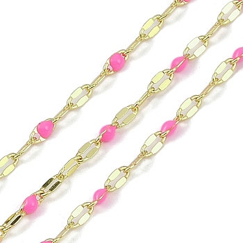 Rack Plating Brass Dapped Chains, with Enamel, with Spool, Soldered Lead Free & Cadmium Free, Real 18K Gold Plated, Hot Pink, 4x2x1mm