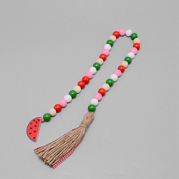 Wooden Watermelon Pendant Decorations, with Wooden Beads & Hemp Rope Tassels, Colorful, 735mm