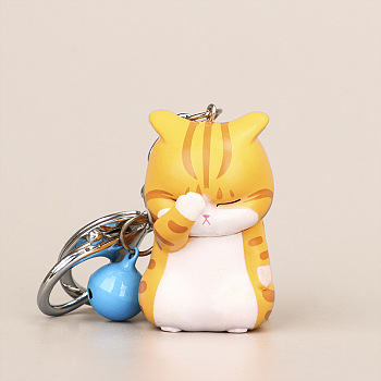 Cute Face Covering Cat Resin Pendant Keychain, with Random Color Bell Charms, Cartoon Doll for Bag Pendant Ornament, Gold, 11.8cm, Pendant: 5x2.9x3cm