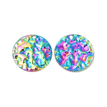Ion Plating(IP) 304 Stainless Steel Pendants, Hammered Flat Round Charms, Rainbow Color, 29.5x2.5mm, Hole: 2.5mm
