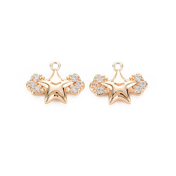 Brass Micro Pave Cubic Zirconia Charms, Real 18K Gold Plated, Nickel Free, Star, Clear, 12x15x3mm, Hole: 1.4mm