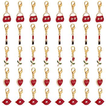 Valentine's Day Theme Alloy Enamel Pendant Decoration, Clip-on Charms, with Zinc Alloy Lobster Claw Clasps, Rose/Lipstick/Heart/Bag/Lip, Mixed Color, 28~35mm, 50pcs/box
