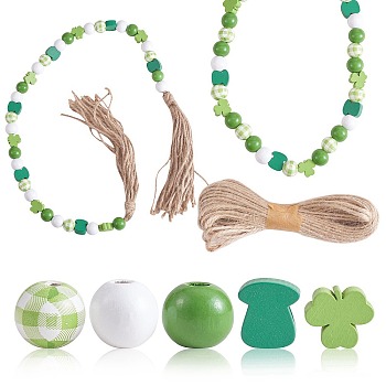 150Pcs 5 Styles Saint Patrick's Day Wood European Beads Set, Large Hole Bead, with 10M Hemp Rope, Round & Hat and Shamrock, Mixed Shapes, Mixed Color, Bead: 16~18x8mm, Hole: 4mm, about 30pcs/style