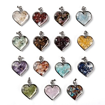 Glass Bottle Pendants, with Natural & Synthetic Gemstone Chips and Platinum Plated Alloy Findings, Heart, 40x32.5x11mm, Hole: 8x5mm