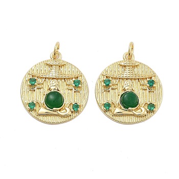 Rack Plating Brass Green Cubic Zirconia Pendants, Natural Agate(Dyed & Heated) Flat Round Charms with Jump Rings, Long-Lasting Plated, Cadmium Free & Lead Free, Real 18K Gold Plated, 22x19.5x3.5mm, Hole: 3mm