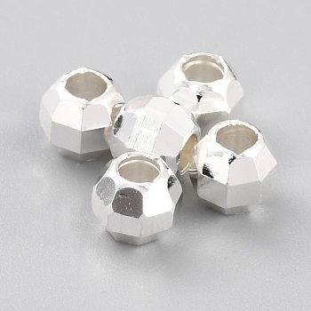 Brass Spacer Beads, Long-Lasting Plated, Faceted Round, 925 Sterling Silver Plated, 4.5x4mm, Hole: 2mm