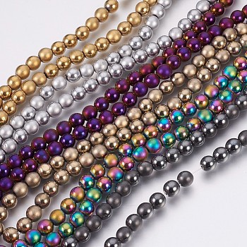 Electroplate Non-Magnetic Synthetic Hematite Beads Strands, Polished, Frosted, Round, Mixed Color, 6mm, Hole: 1mm, about 72pcs/strand, 16.5 inch(42cm)
