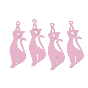 430 Stainless Steel Kitten Pendants, Spray Painted, Etched Metal Embellishments, Cat Silhouette Shape, Flamingo, 39x12x0.4mm, Hole: 1.6mm