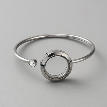 304 Stainless Steel Open Cuff Bangles for Women, with Glass, Stainless Steel Color, Inner Diameter: 2x2-3/8 inch(5.1x6.1cm) 