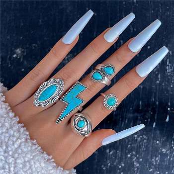 5Pcs 5 Style Synthetic Turquoise Finger Ring Sets for Women, Alloy Stackable Rings, Bolt Lightning & Oval, Inner Diameter: 15~18mm, 1Pc/style