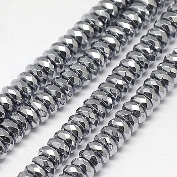 Electroplate Non-magnetic Synthetic Hematite Beads Strands, Faceted, Rondelle, Grade A, Platinum Plated, 6x3mm, Hole: 1mm, about 130pcs/strand, 16 inch