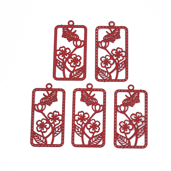430 Stainless Steel Filigree Pendants, Spray Painted, Etched Metal Embellishments, Rectangle with Flower, Red, 27x13x0.4mm, Hole: 1.2mm