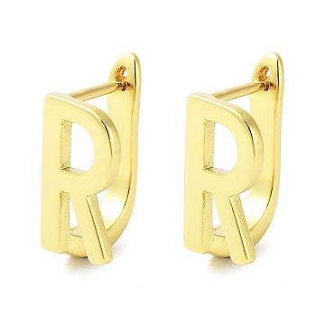 Brass Letter Stud Earrings for Women, Lead Free & Cadmium Free, Real 18K Gold Plated, Letter R, 15.5x7mm